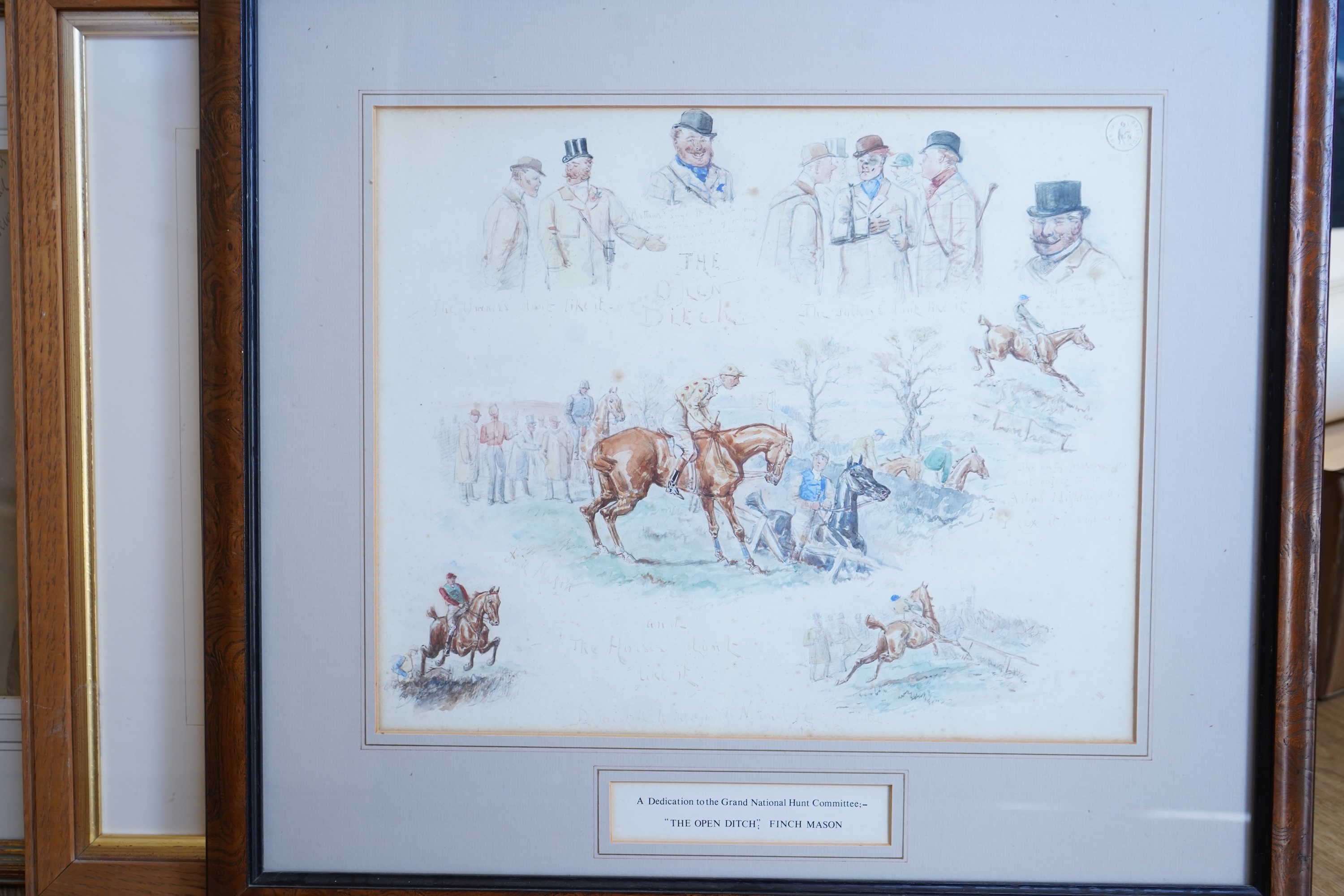 George Finch Mason (1850-1915), ‘Sandown Park, July 27 1888’, ‘The open ditch Grand National Hunt Committee’ and ‘Flowers plucked at Newmarket’, three watercolours, each is signed, largest 30 x 36cm